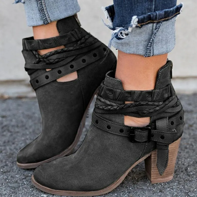 Ankle strap buckle boots chunky heel block heel boots for women