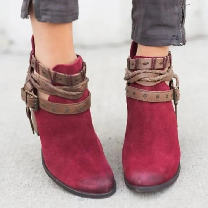 Ankle strap buckle boots chunky heel block heel boots for women