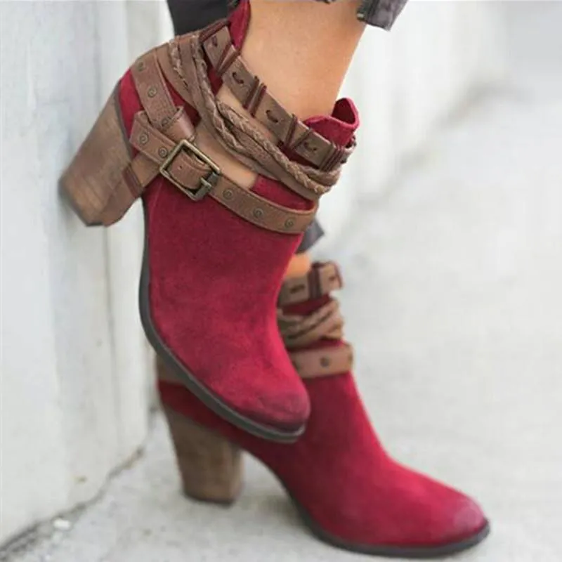 Ankle strap buckle boots chunky heel block heel boots for women