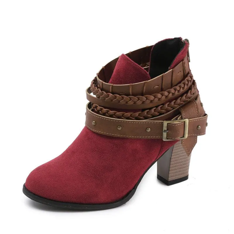 Ankle strap buckle boots chunky heel block heel boots for women