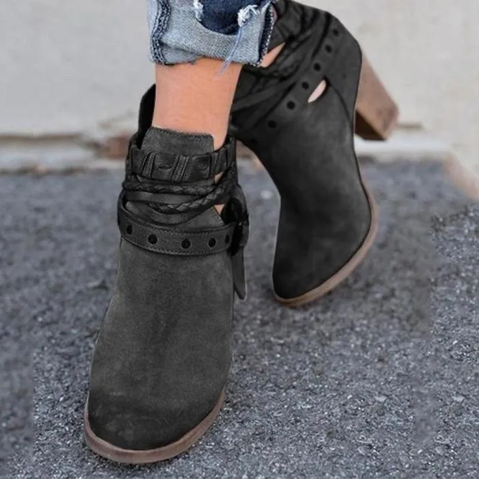 Ankle strap buckle boots chunky heel block heel boots for women