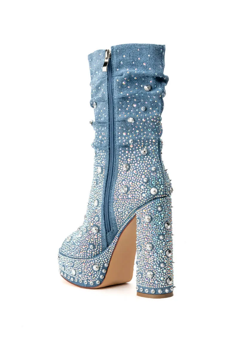 AZALEA WANG ADELA RHINESTONE SLOUCH BOOTIE IN DENIM