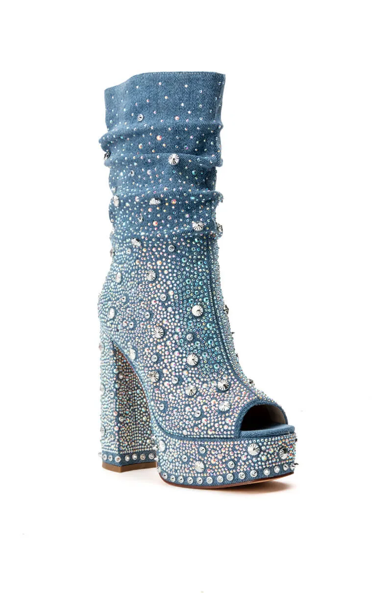 AZALEA WANG ADELA RHINESTONE SLOUCH BOOTIE IN DENIM