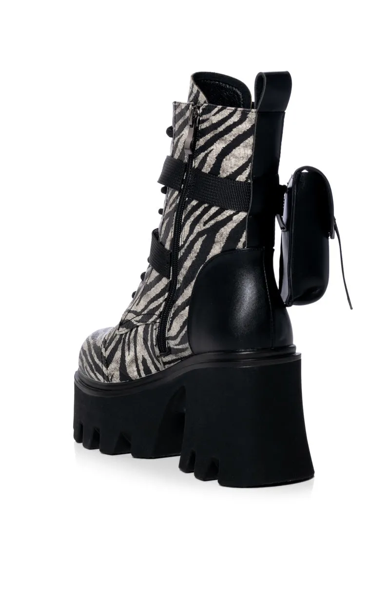 AZALEA WANG FOLLOW CHUNKY COMBAT BOOTIE IN ZEBRA