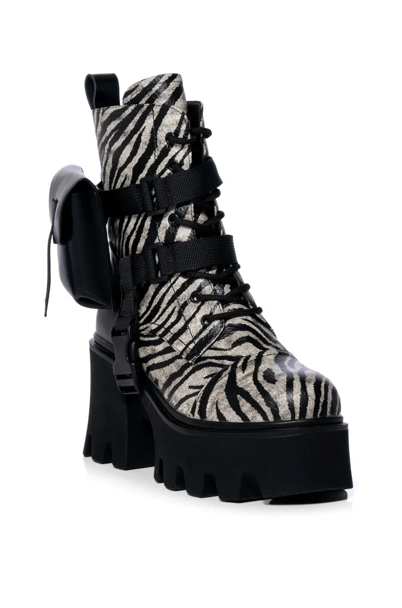 AZALEA WANG FOLLOW CHUNKY COMBAT BOOTIE IN ZEBRA