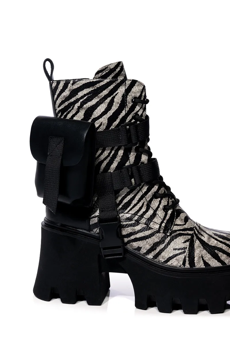 AZALEA WANG FOLLOW CHUNKY COMBAT BOOTIE IN ZEBRA