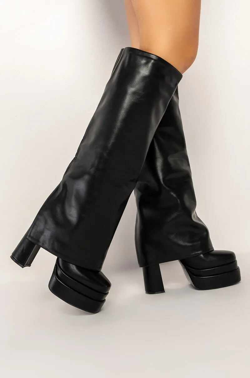 AZALEA WANG INVISIBLE KNEE HIGH FOLD OVER CHUNKY BOOT IN BLACK