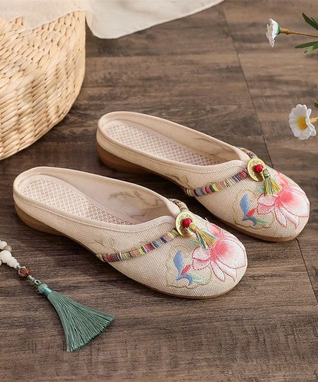 Beige Linen Tassel Embroidery Women Splicing Flat Slide Sandals LY7706