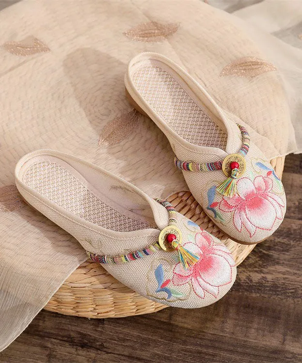 Beige Linen Tassel Embroidery Women Splicing Flat Slide Sandals LY7706