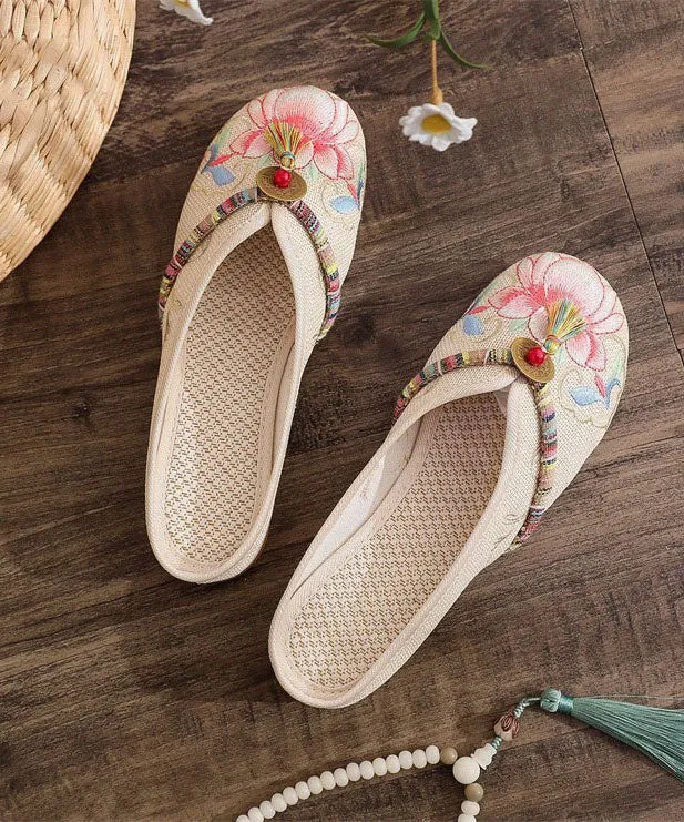 Beige Linen Tassel Embroidery Women Splicing Flat Slide Sandals LY7706