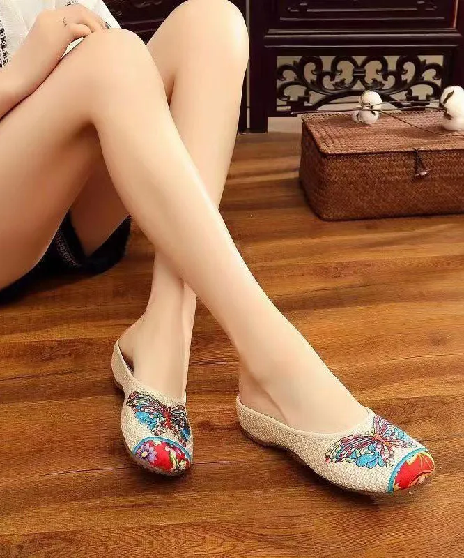 Beige Slide Sandals Linen Fabric Classy Splicing Butterfly Embroideried LY7695