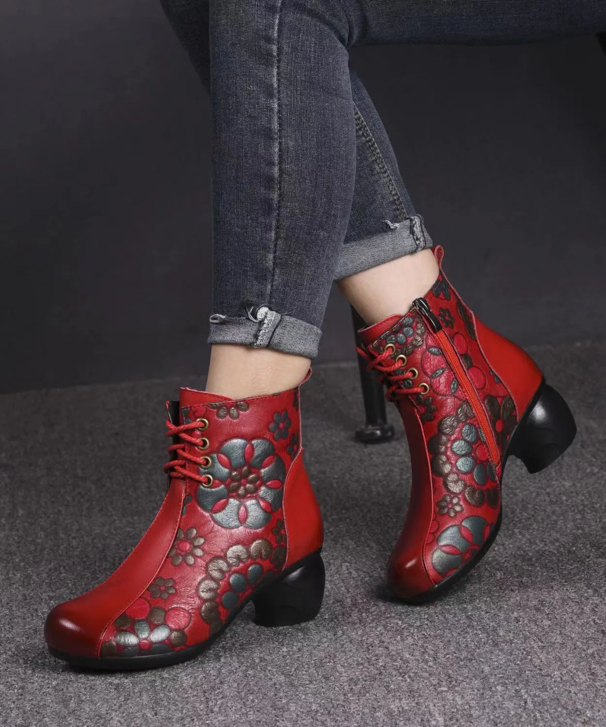 Black Boots Chunky Cowhide Leather Women Embossed Splicing ML1726