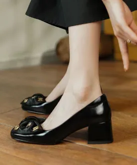 Black Bow Loafers For Women Chunky Heel Faux Leather QK027