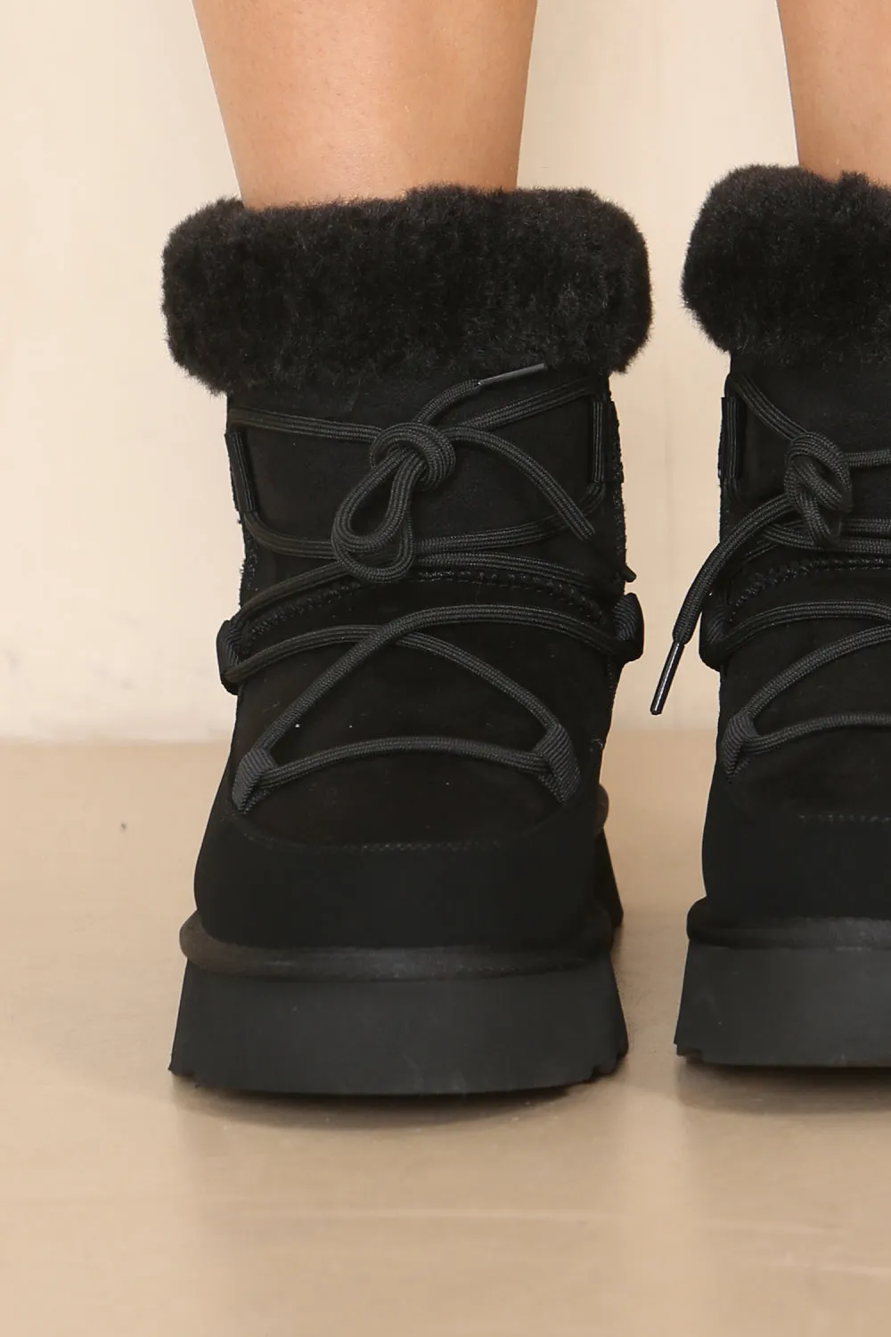 Black Chunky Ankle Snow Winter Biker Boots with Lace Detail