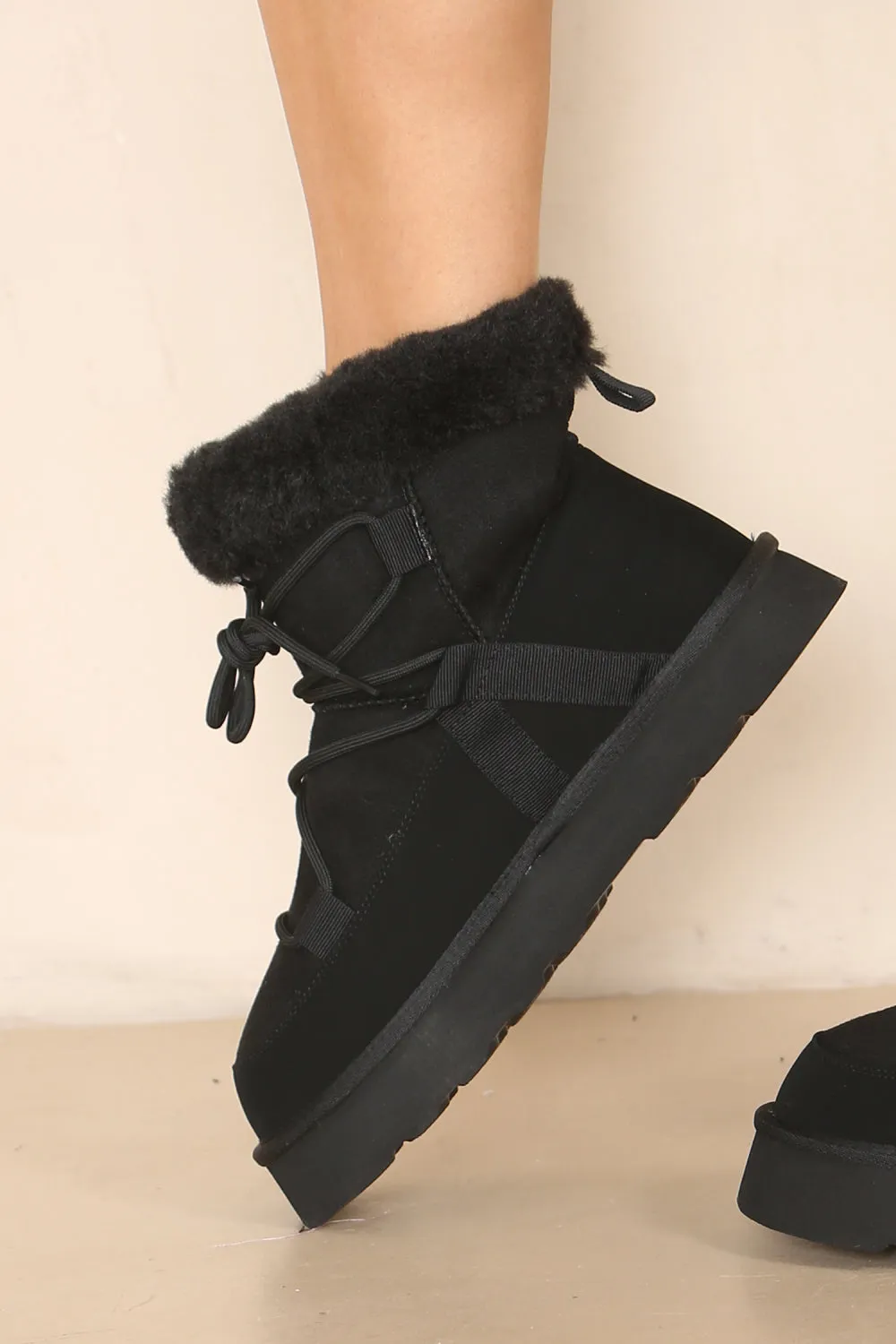 Black Chunky Ankle Snow Winter Biker Boots with Lace Detail