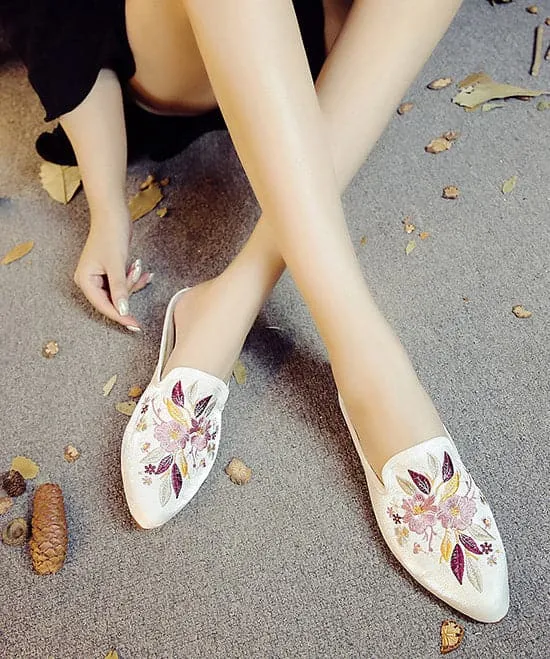 Black Embroideried Cotton Fabric Women Pointed Toe Slide Sandals