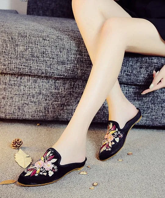 Black Embroideried Cotton Fabric Women Pointed Toe Slide Sandals