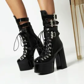 Black Multi Buckle Platform Boots with High Wedge Heel