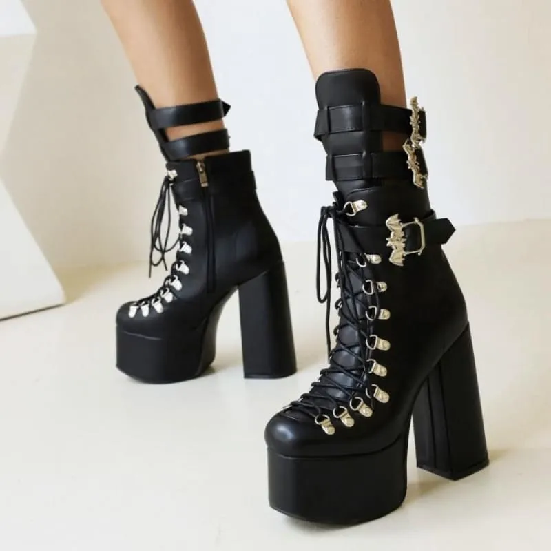 Black Multi Buckle Platform Boots with High Wedge Heel