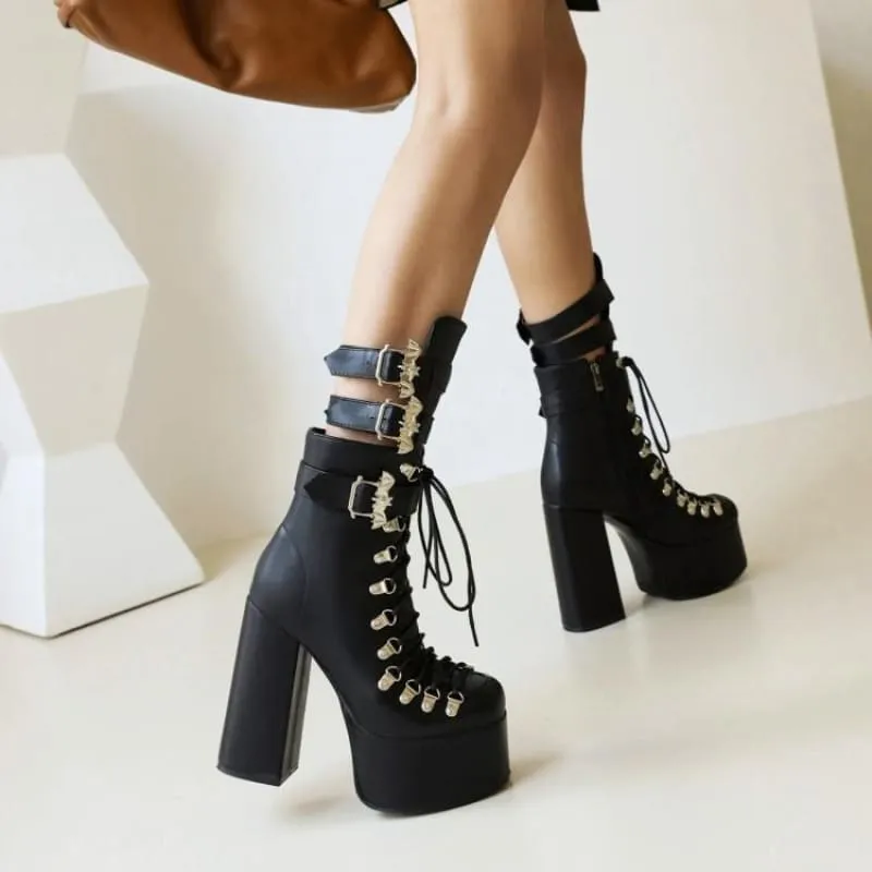 Black Multi Buckle Platform Boots with High Wedge Heel