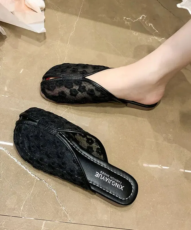 Black Tulle Slide Sandals Hollow Out Embroidery Splicing LY8246