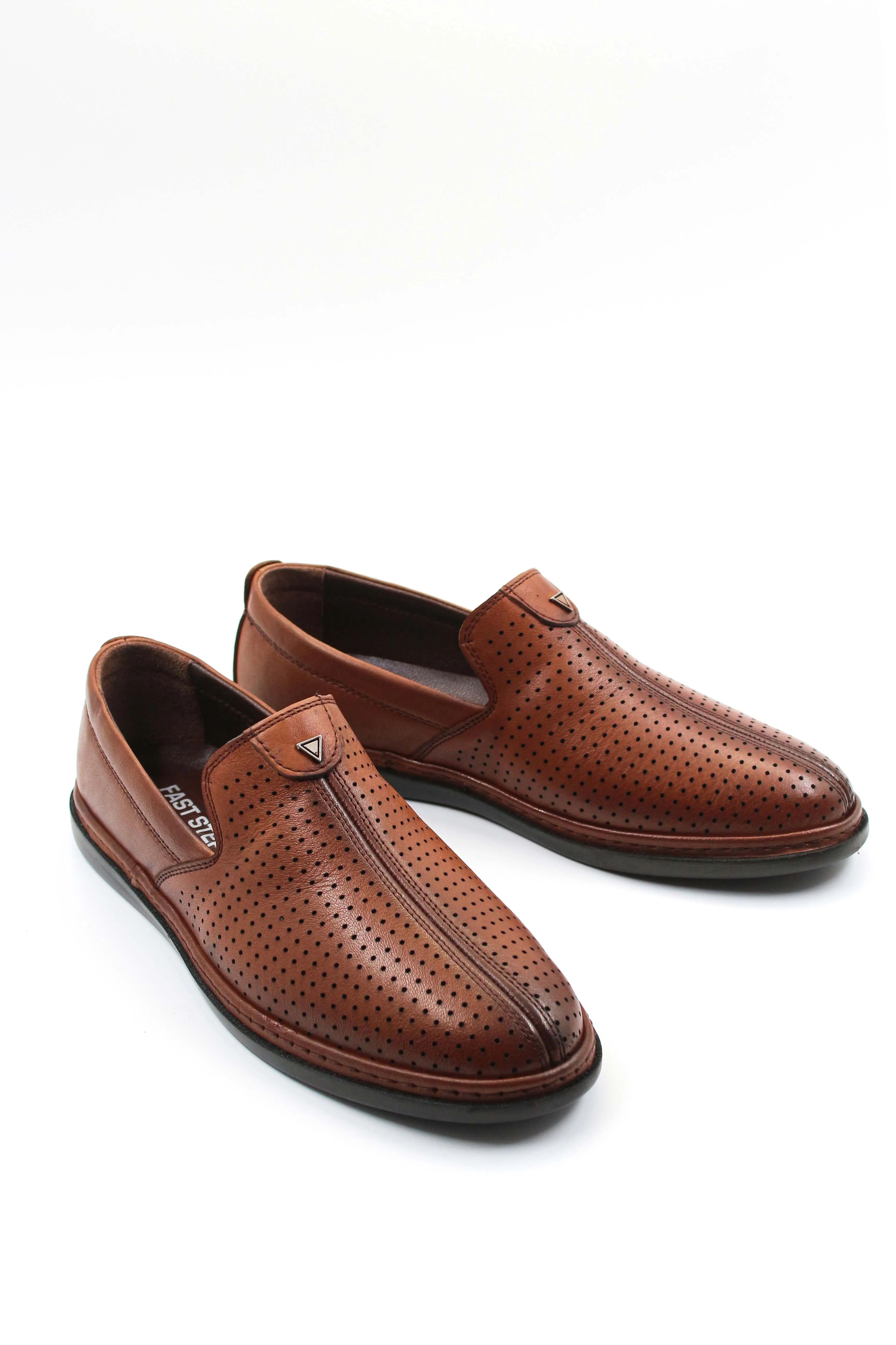 Brown Perforated Leather Slip-On Loafers-Wessi