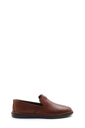 Brown Perforated Leather Slip-On Loafers-Wessi