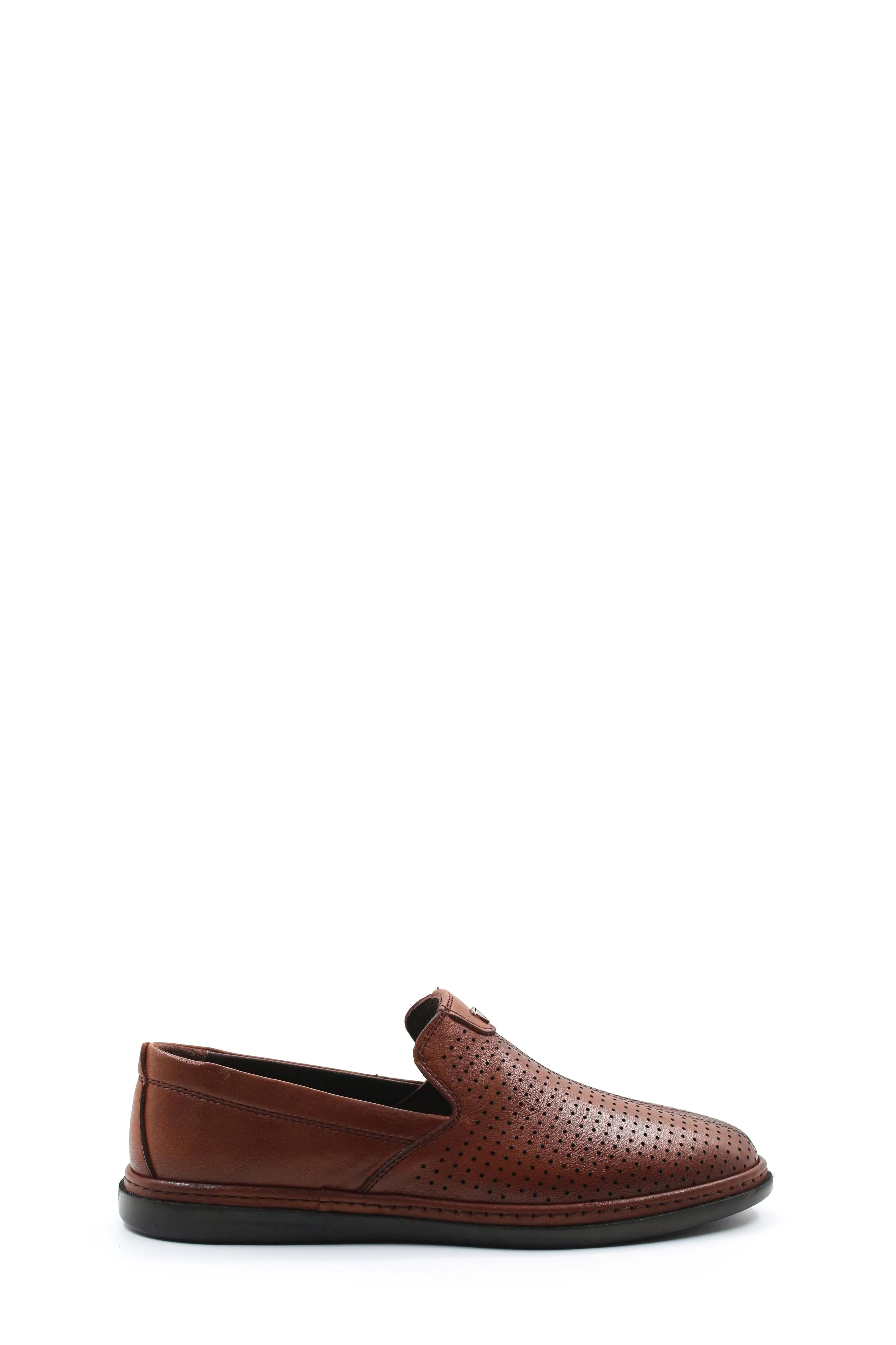 Brown Perforated Leather Slip-On Loafers-Wessi