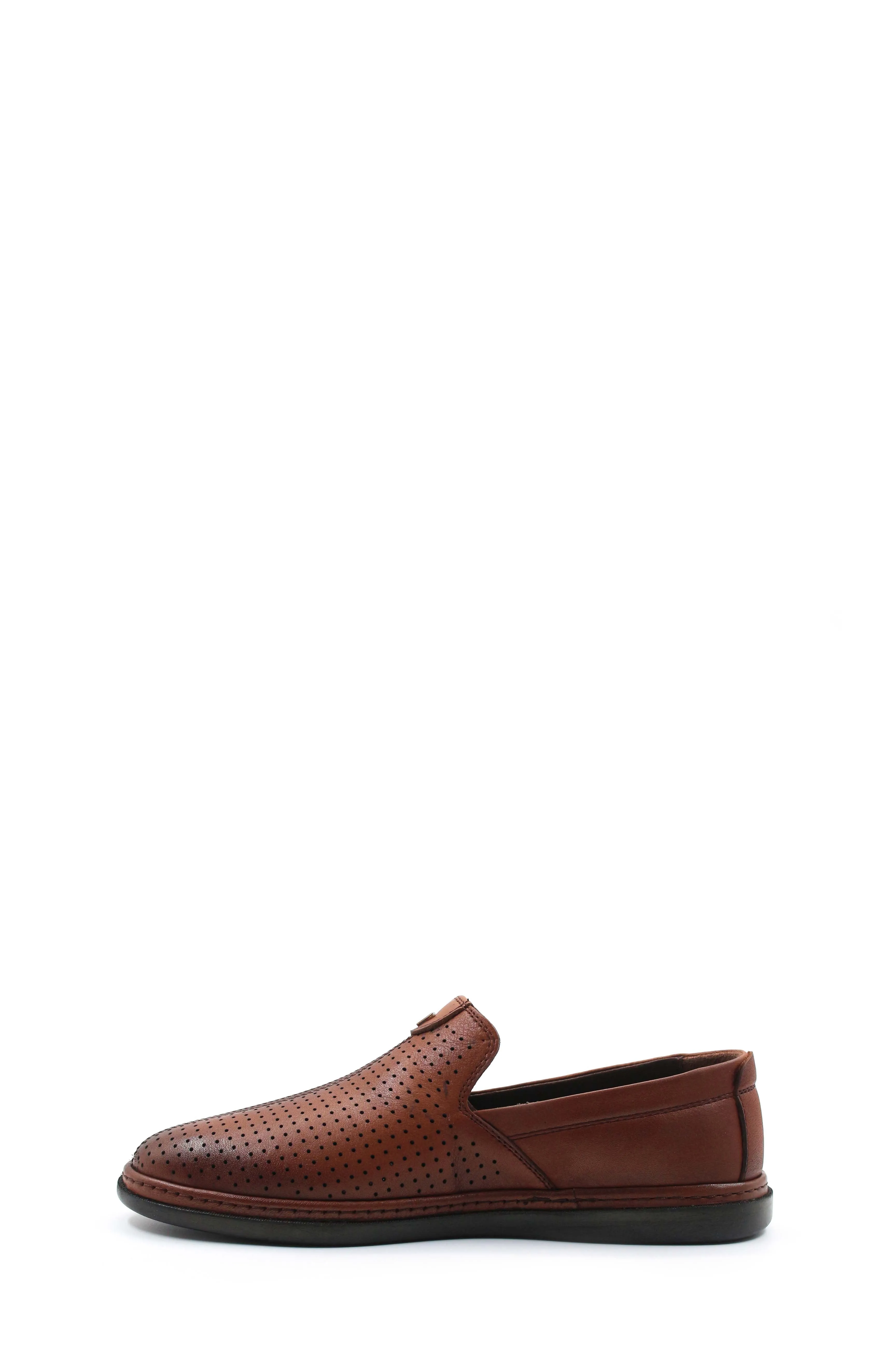 Brown Perforated Leather Slip-On Loafers-Wessi