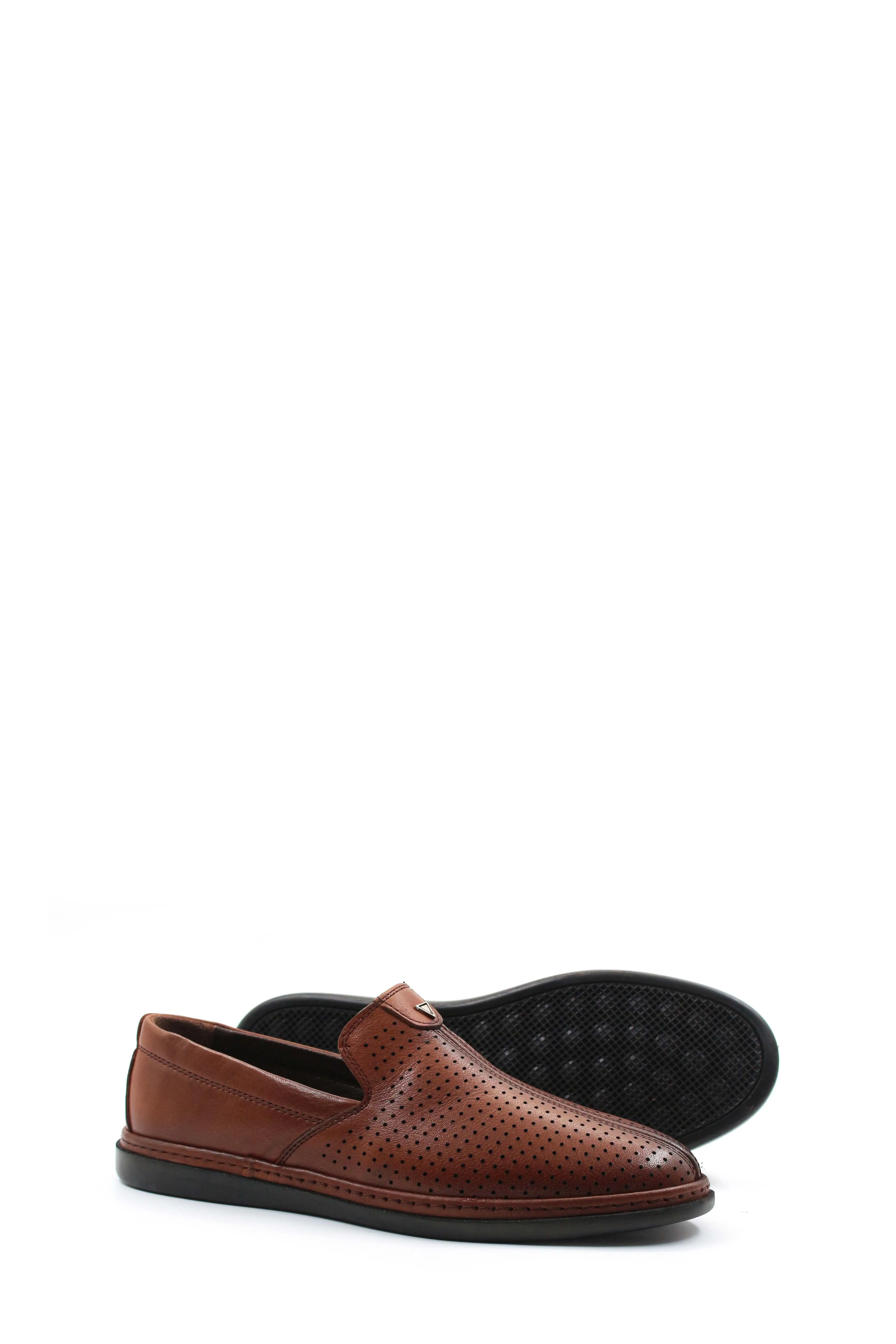 Brown Perforated Leather Slip-On Loafers-Wessi