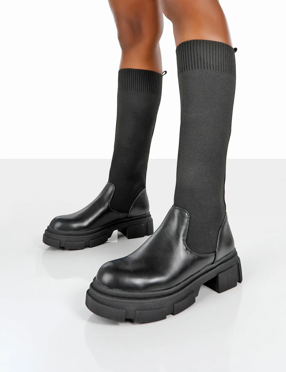 Carm Black Knit Knee High Chunky Sole Boots