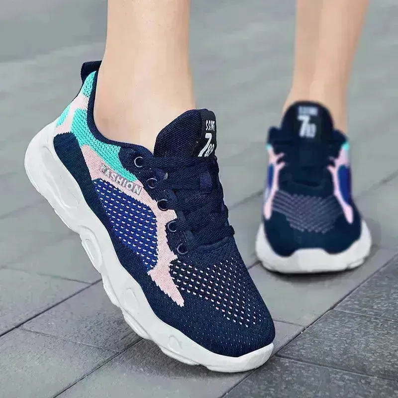 Casual Colorblock Lace-up Sneakers Girls Versatile Breathable Lightweight Walking Running Shoes