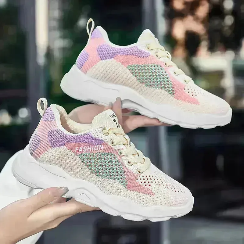 Casual Colorblock Lace-up Sneakers Girls Versatile Breathable Lightweight Walking Running Shoes