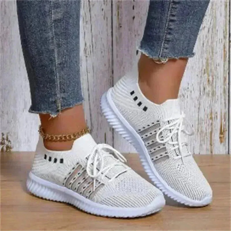 Casual Lace-up Mesh Sneakers Breathable Flying Woven Round Toe Walking Running Sports Shoes for Women