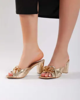 Chains Open Toe Heeled Mules Sandals - Gold