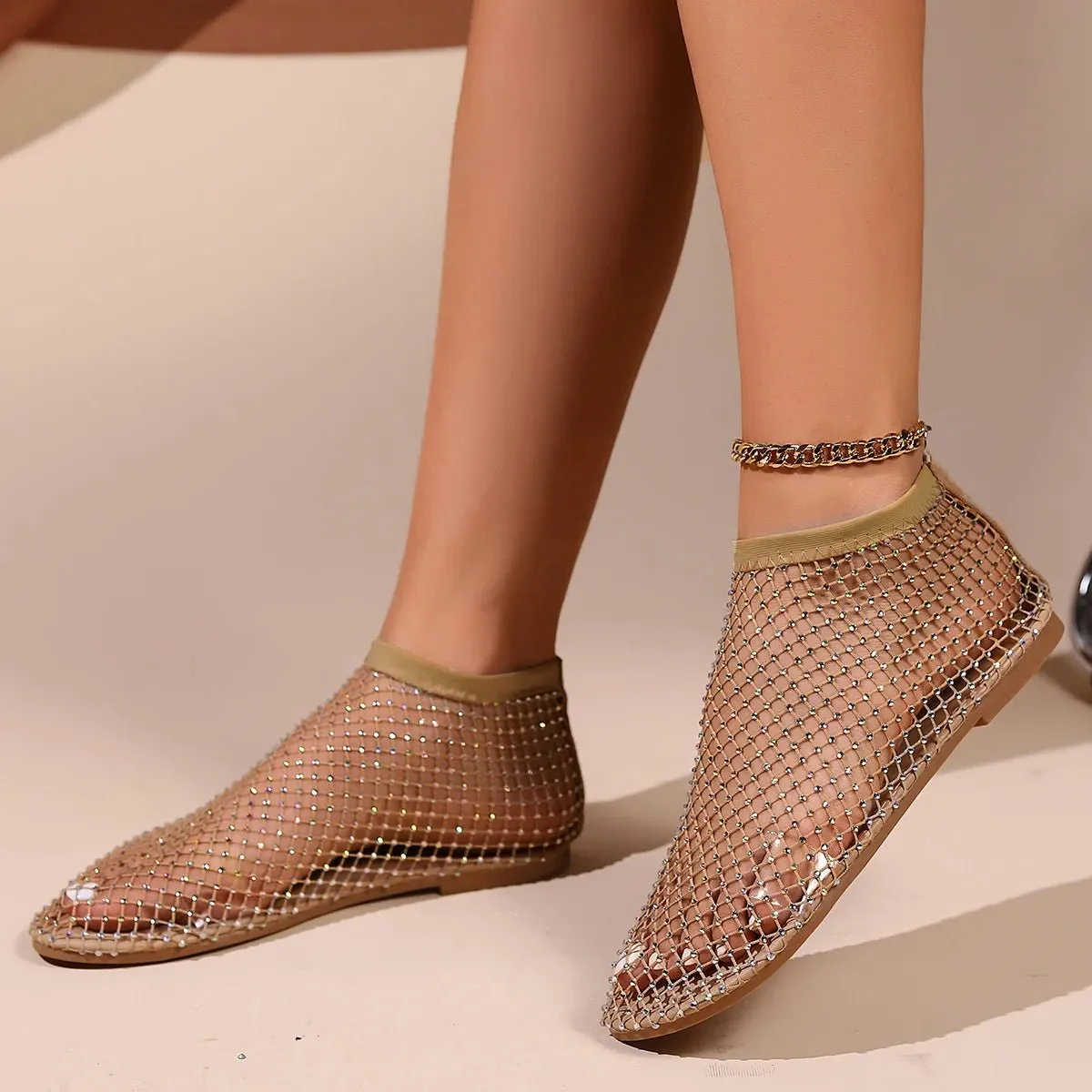 Crystal Embellished Mesh Ballet Flats