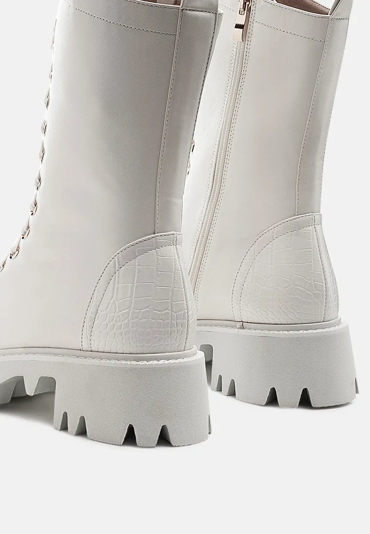 Drill Chunky White Lace Up Ankle Boots