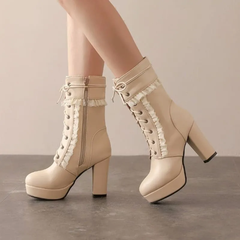 Fashion High Heel Ankle Boots with Lace Detail in Multiple Colors