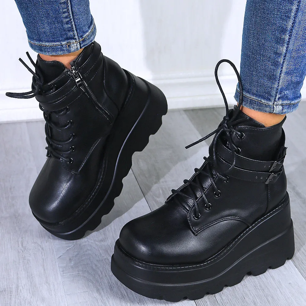 Funki Buys | Boots | Women's High Platform Buckle Ankle Boots