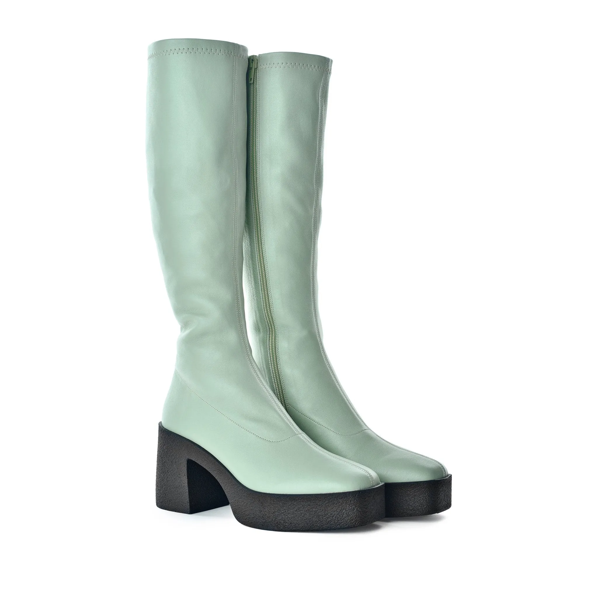 Izumi Pastel Green Stretch Leather Chunky Boots