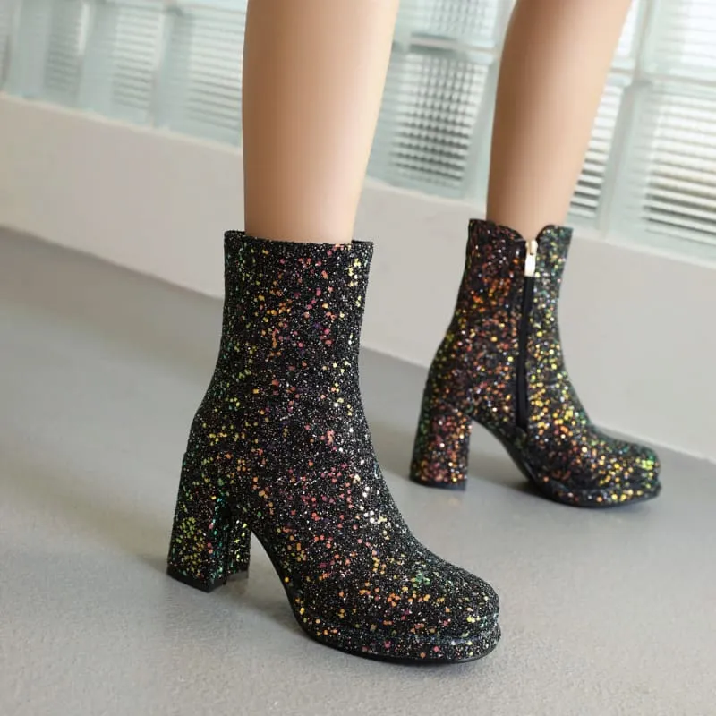 Ladies Glitter thick High Heel Ankle Christmas Boots in Gold