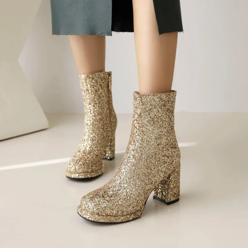 Ladies Glitter thick High Heel Ankle Christmas Boots in Gold