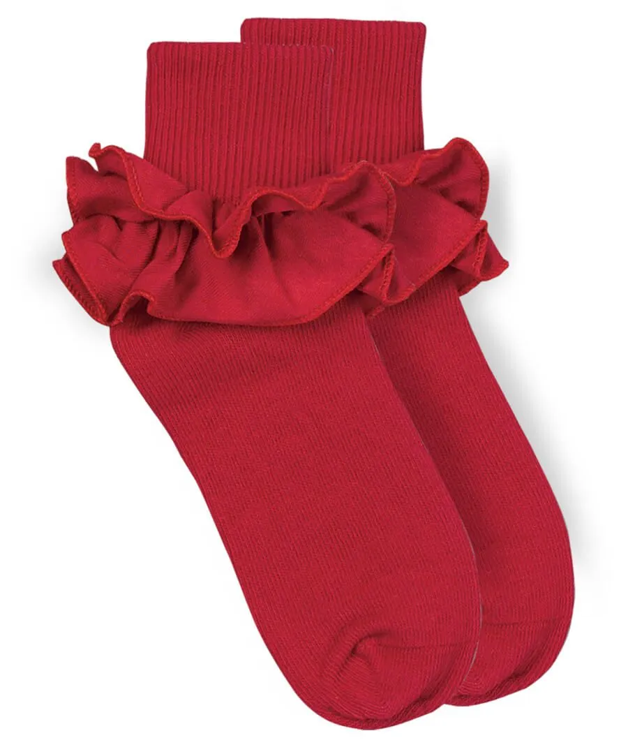 Misty Ruffle Lace Turn Cuff Socks - Red