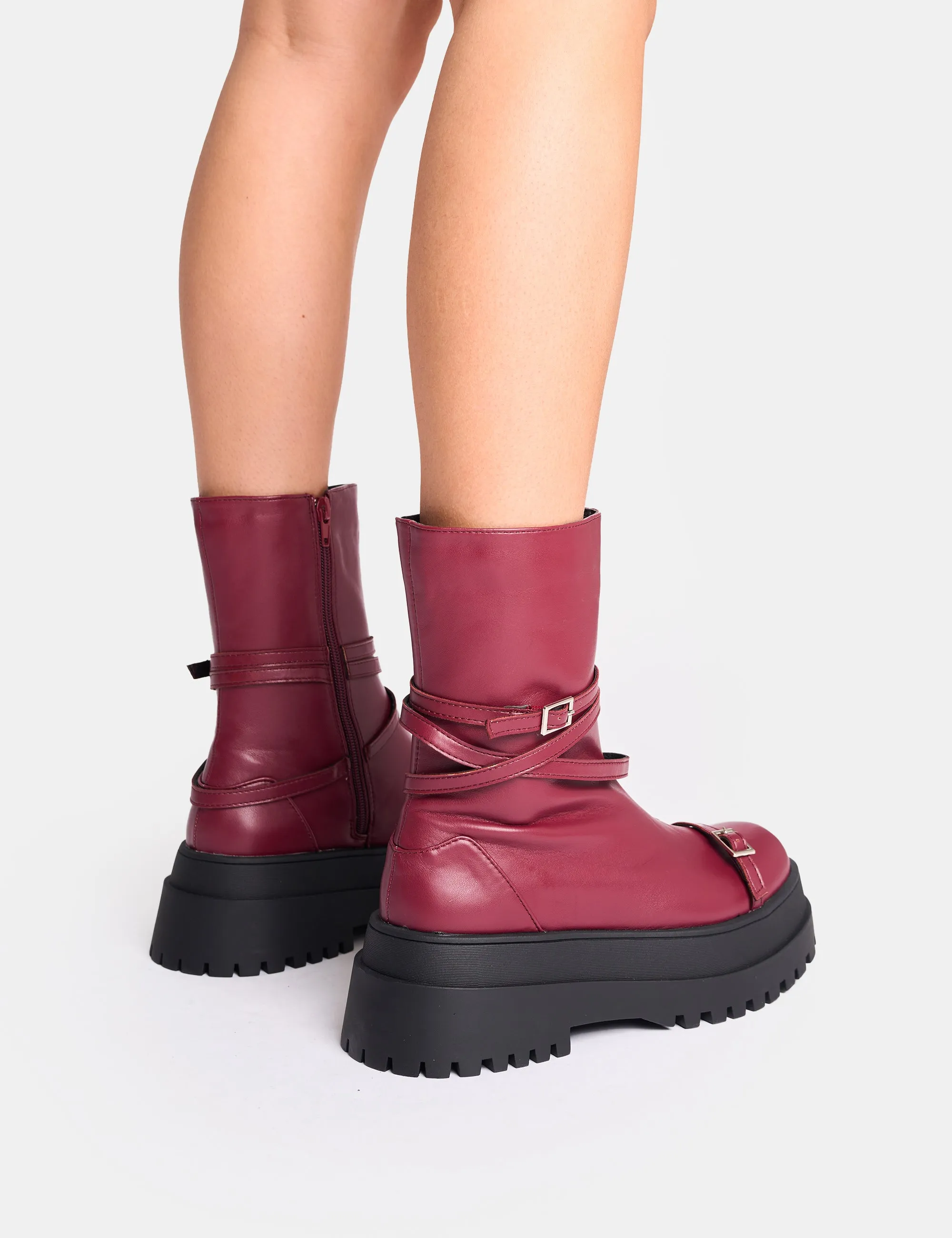 Odessa Burgundy Multi Strap Detail Chunky Sole Ankle Boots