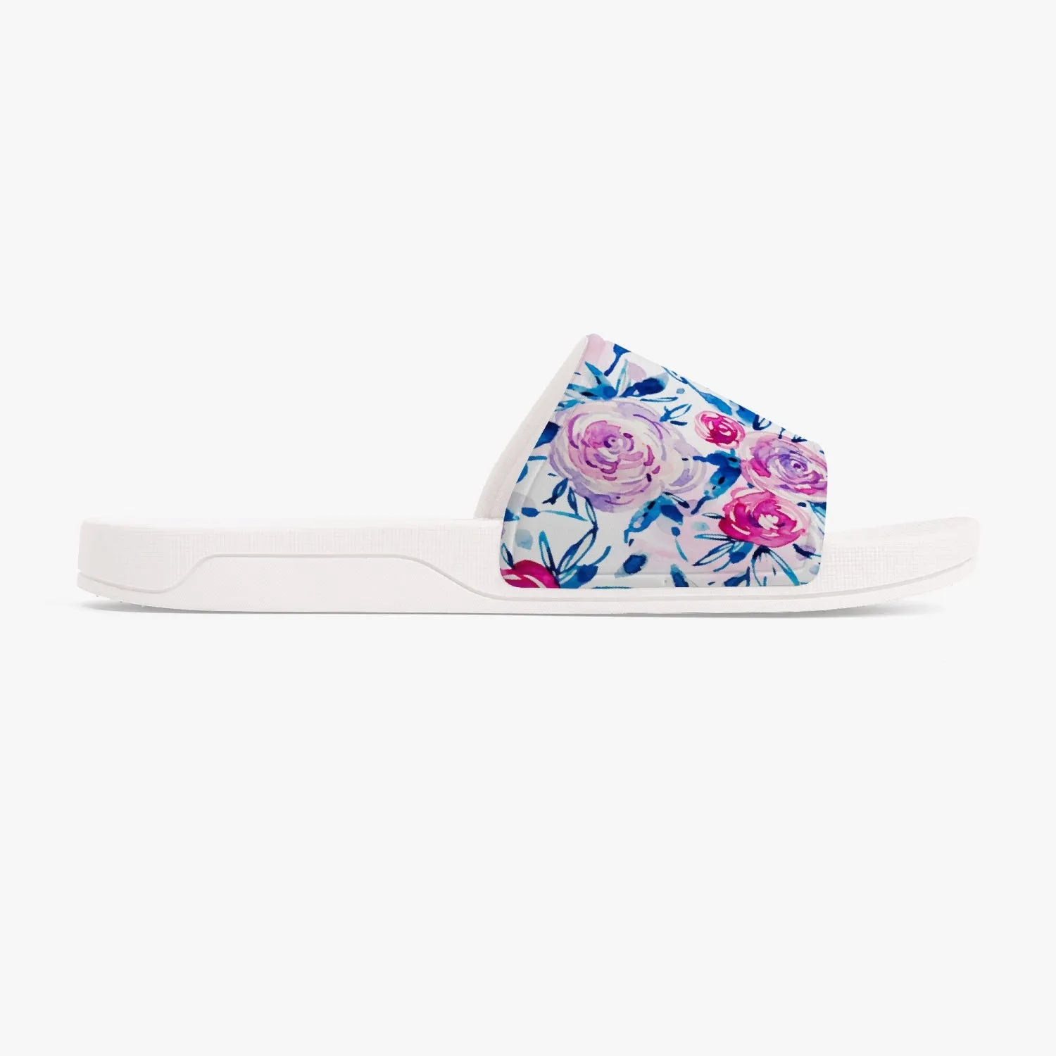 Pink Flowers Women Slide Sandals, Floral Shoe Girls Flat Wedge White Slides Vegan Casual Slippers Flip Flops Slip On