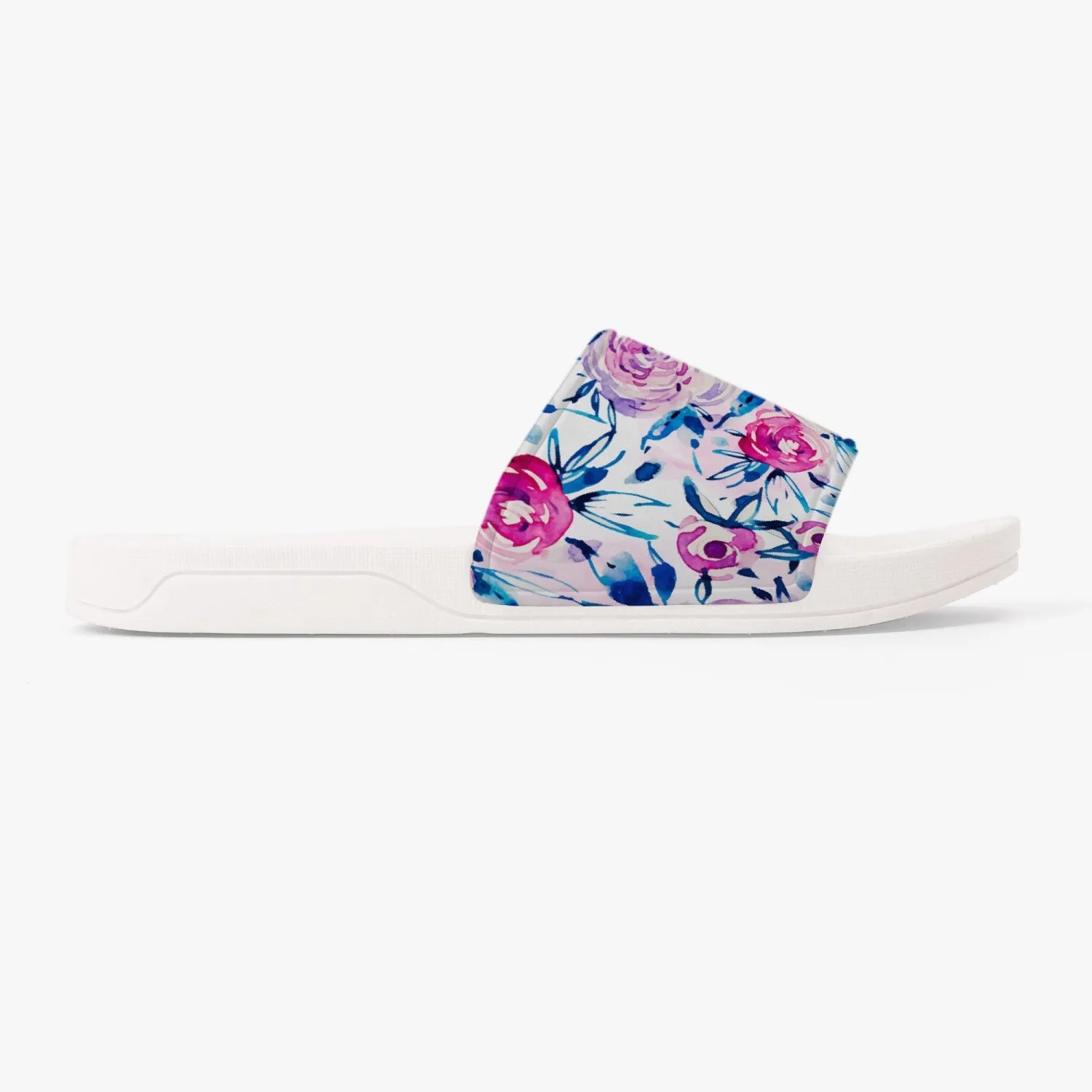 Pink Flowers Women Slide Sandals, Floral Shoe Girls Flat Wedge White Slides Vegan Casual Slippers Flip Flops Slip On