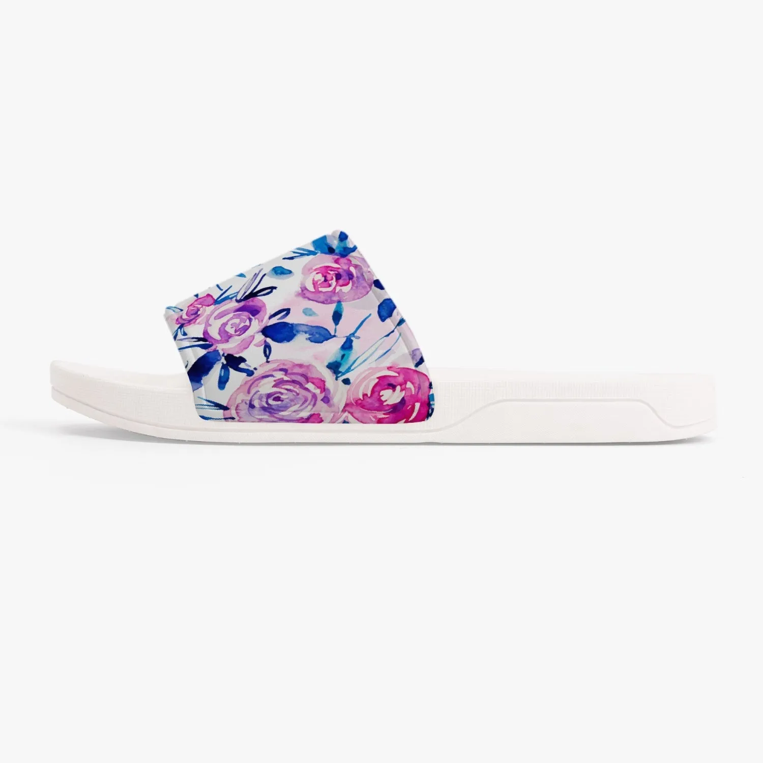 Pink Flowers Women Slide Sandals, Floral Shoe Girls Flat Wedge White Slides Vegan Casual Slippers Flip Flops Slip On