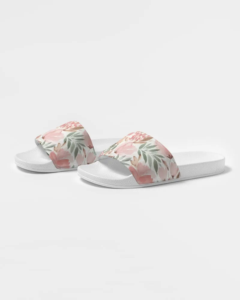 Pink Flowers Women Slides Sandals, Watercolor Floral White Designer Shoe Girls Flat Wedge Vegan Faux Leather Slippers Flip Flops Slip On