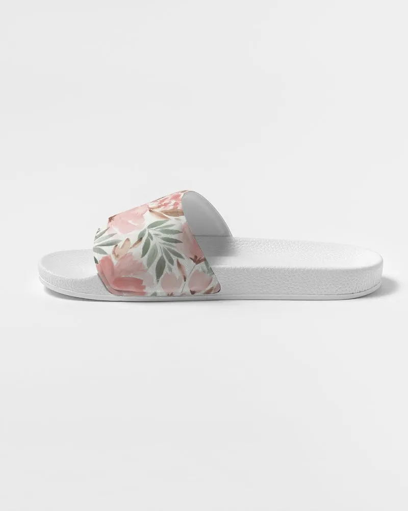 Pink Flowers Women Slides Sandals, Watercolor Floral White Designer Shoe Girls Flat Wedge Vegan Faux Leather Slippers Flip Flops Slip On