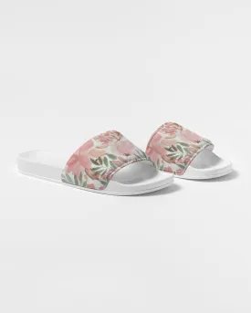 Pink Flowers Women Slides Sandals, Watercolor Floral White Designer Shoe Girls Flat Wedge Vegan Faux Leather Slippers Flip Flops Slip On